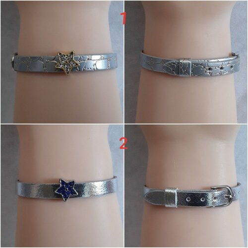 Bracelet, cuir synthétique, 7mm haut, de 14 a 18 cm, ajustable, gris,  argenté, avec étoile , doré, grise   , brillante