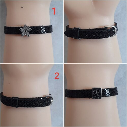 Bracelet , cuir  , synthétique , noir, 7 mm haut, ajustable , de 14 a 18 cm , trèfle, étoile , gris argenté