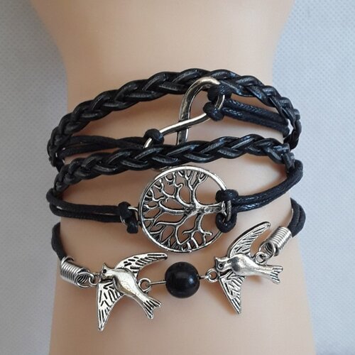 Bracelet, amitié, arbre  de vie, hirondelles, infini, perle noire,  cuir  , 15 cm + chaine