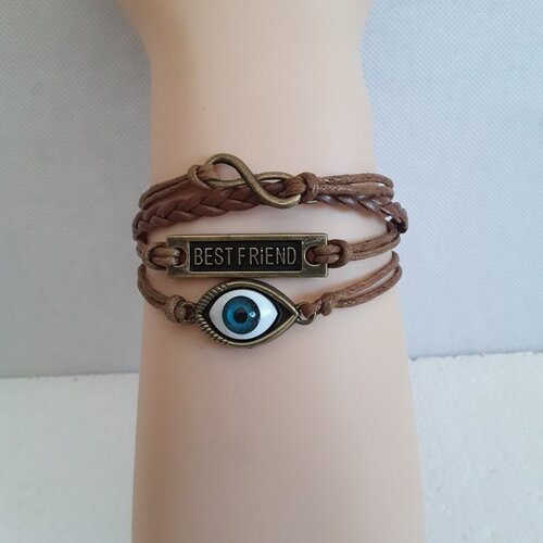 Bracelet cuir    brun clair best friend  oeil fatima, oeil bleu, 16 cm + chaine ajustable