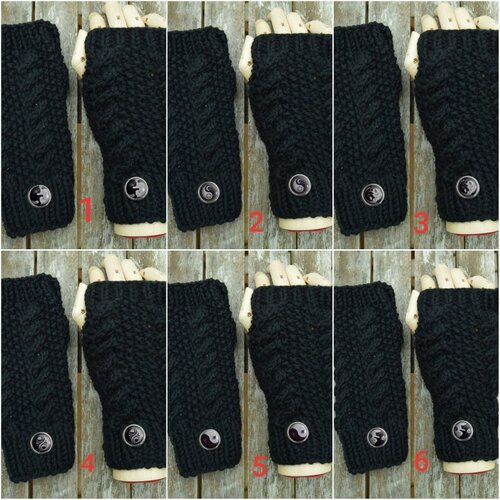 Mitaines laine noire ying yang , gants, ouverture pouces , chauffe-pouls , manchettes , noires, laine , chats, chiens, soleil , dragons