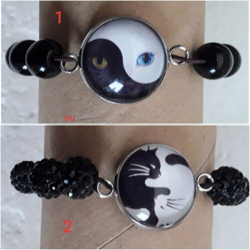 Bracelet perle noires rondes, chats ying yang ,25mm,