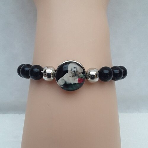Bracelet , extensible , ajustable , perles noires , chien ,  caniche , blanc , cabochon, bouton pression verre