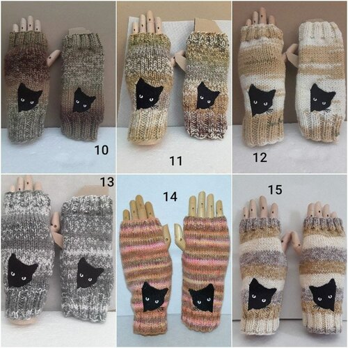 Mitaines gants sans doigts ouverture pouces  laine beige brun chats noirs yeux blancs brodés 6/5 cm , mitaines 21 cm