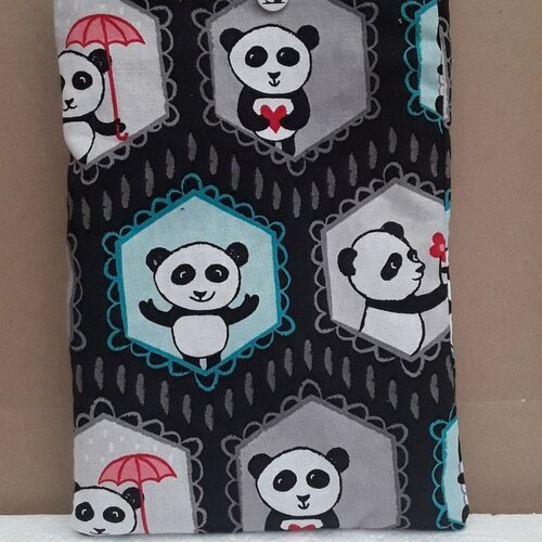Housse , étui ,pochette , gsm, portable,  coton , noir, pandas,   20/14 cm,  bouton pression , panda , housse , doublée