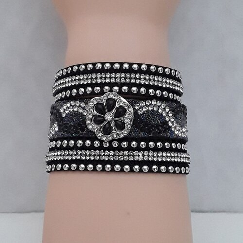 Bracelet daim noir ajustable fleur noire perles  , 16.5 ,  18.5 cm ,  5 cm haut