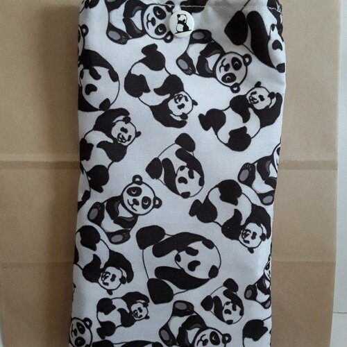 Étui, housse, pochette , gsm , portable ,  coton , pandas  , noirs ,  blancs, 18/10cm, bouton pression ,  panda , doublé