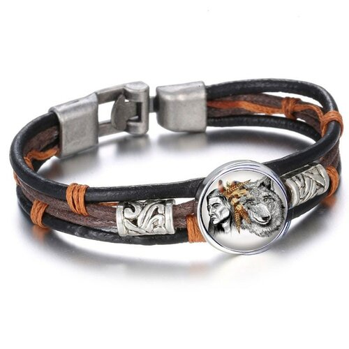 Bracelet , cuir ,loup et indien ,  bracelet 20cm, brun , noir,  , cabochon verre