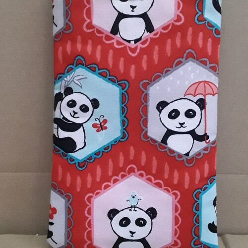 Housse , étui ,pochette , gsm, portable,  matelasser , coton , rouge, pandas,   19/11 cm,  bouton pression , panda , housse , doublée