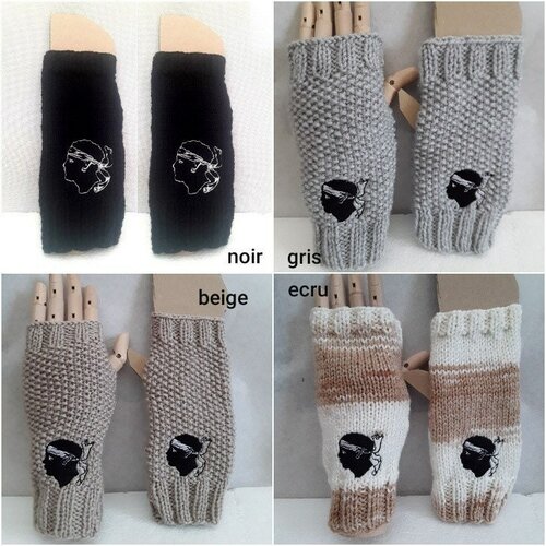 Mitaines laine corse corsica , gants sans doigts ouverture pouces , 21 cm, tricot
