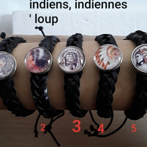 Bracelet . loup . indiens . indiennes. cuir noir. cordon ajustable. boutons pressions , 20 cm + cordon de serrage