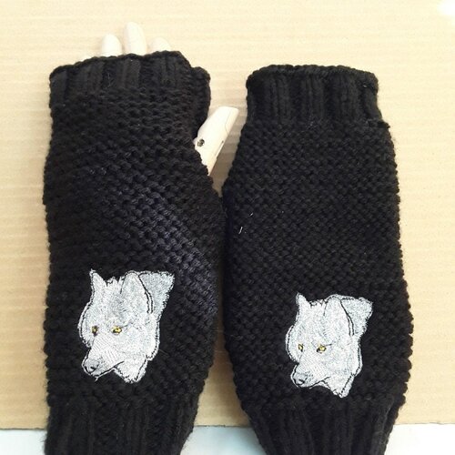 Mitaines laine noires loups ,gants sans doigts , ouverture pouces ,  20 cm, noirs ,  laine , acrylique , loups , blancs , broder