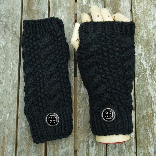 Mitaines, gants sans doigts , ouverture pouces , 21 cm, noirs , laine, acrylique , boutons pressions, verres , croix de malte