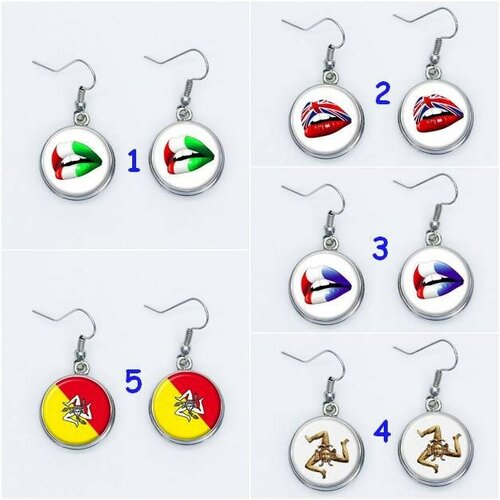 Boucles d'oreilles ,  crochet ,  pendantes ,  drapeau ,  pays , france ,   italie , sicile,  angleterre  , 1 paire au choix