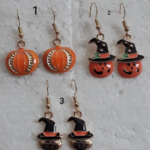 Boucles d oreilles halloween, citrouilles , oranges,  chats ,  15 mm/20 mm ,pendantes,  alliage métallique, crochets dorés