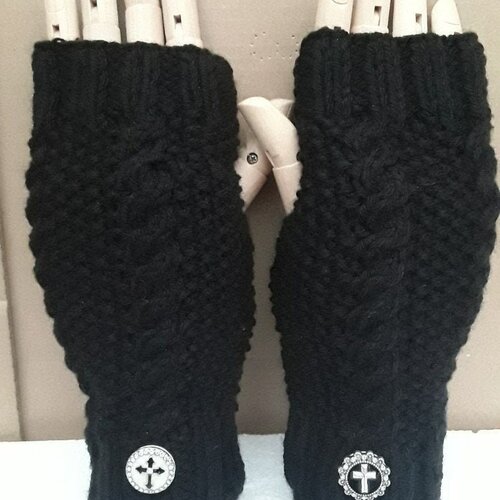 Mitaines, gants sans doigts, ouverture pouces, noires, 21 cm , croix , blanches, ou , noires , petites perles , laine , acrylique