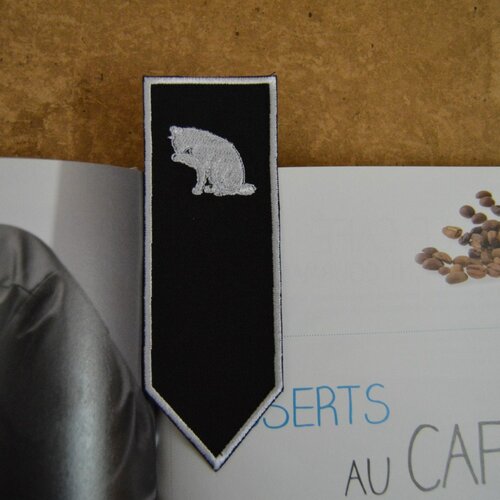 Marque pages signet  lecture livre  , noir coton chat blanc , 15/5cm , broder