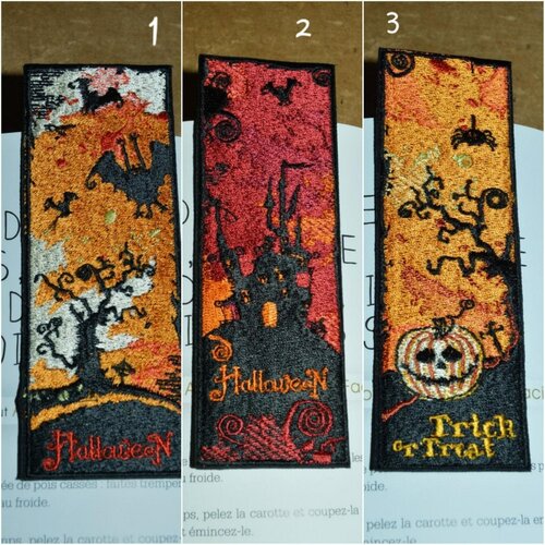 Marque pages , signet ,  coton, noir , halloween, citrouille , chauve souris  , arbre , 12/4 cm, broder