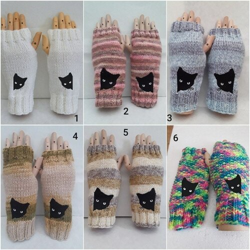 Mitaines gants sans doigts têtes de chats noirs yeux blanc , laine 20 cm , blanc, chiné