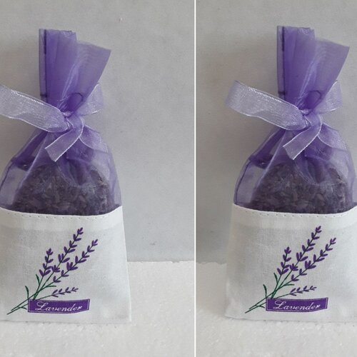 2 sacs , 2 sachets lavandes , sachet  , sacs fleur , parfum lavande ,  parfum sacs ,  coton, blanc et mauve ,16 cm/7 cm ruban