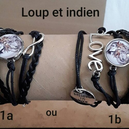 Bracelet cuir noir loup et indien. bracelet 16 cm + chaîne ajustable.
