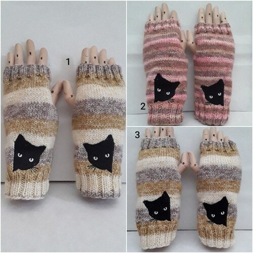 Mitaines gants sans doigts ouverture pouces  laine beige brun chats noirs yeux blancs brodés 6/5 cm , mitaines 21 cm