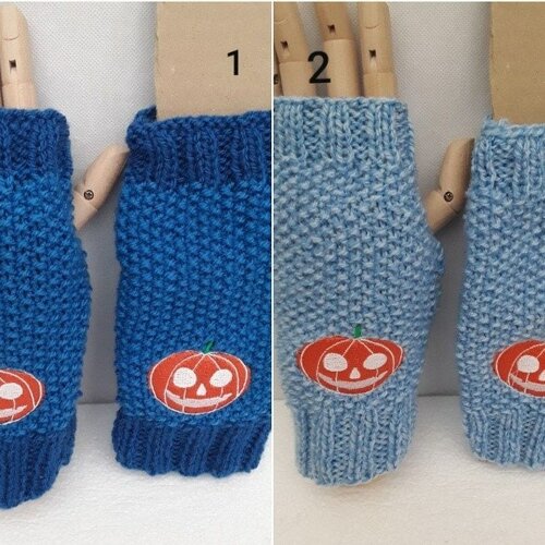 Mitaines laine  gants sans doigts halloween , bleu roy  ou bleu ciel citrouilles, brodées ,  19 cm , laine , tricot