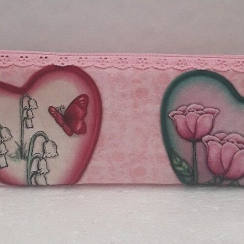 Trousse pochette étui plumier coton rose , coeurs fleurs papillons , doublée tirette dentelle , 24/8/4cm