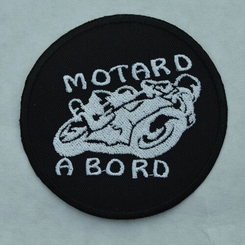 Patch thermocollant motard a bord, brodé coton noir , broderie blanche 8cm,