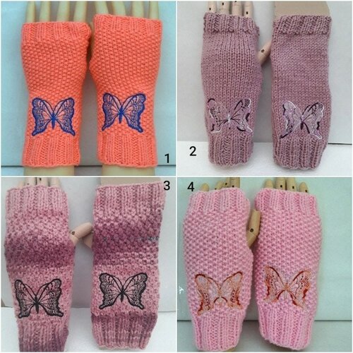 Mitaines laine papillons , gants sans doigts ouverture pouces , 20 cm , papillons  broder