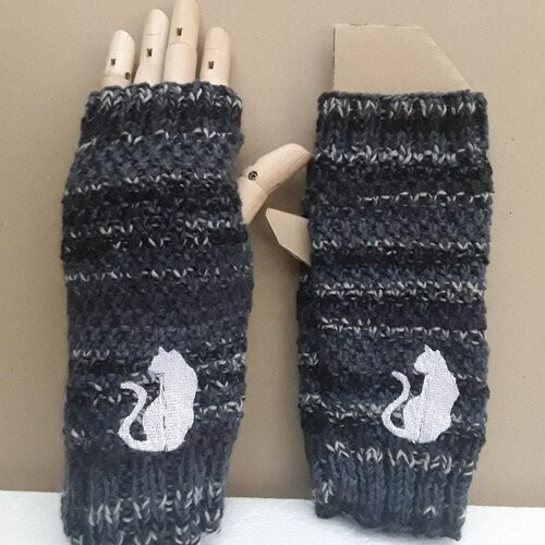 Mitaines  gants   ouverture pouces chauffe-pouls , 20 cm, chats, chatons, broder, blanc, laine  , acrylique , chiné gris, beige,