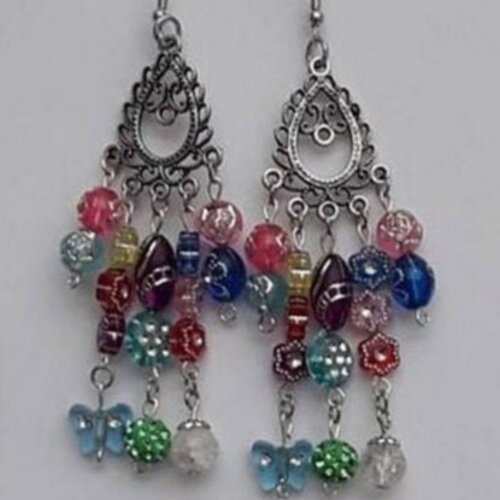 Boucles d oreilles, pendantes, crochets, perles, colorées, papillons , lobes