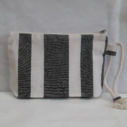 Trousse de toilette ,  coton ,  motif rayures grises , 24/14//5 cm , doublée tirette , lichette corde