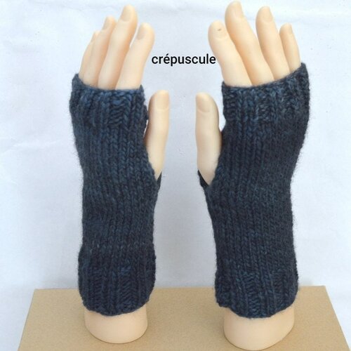 Mitaines laine  bleu crépuscule , citrouille ,21cm, gants sans doigts , ouverture pouces
