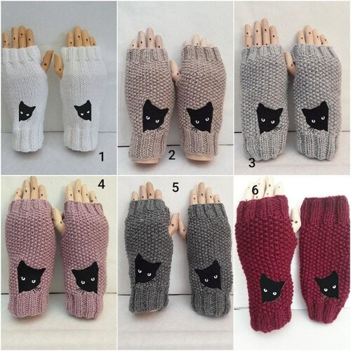 Mitaines laine chats noirs , gants sans doigts 20 cm , ouverture pouces , tricot , chats brodés 5 /6 cm