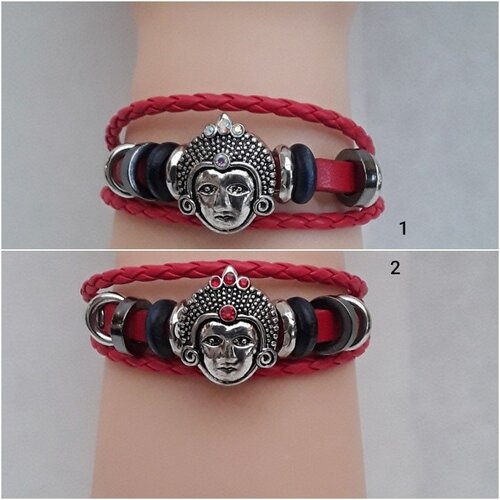 Bracelet cuir rouge bouddha métal , bracelet 18 ,20 cm , bouton pression bouddha