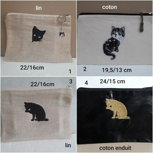 Trousse  de toilette coton lin chats noirs , tigrés, dorés métallissé , tirette ,