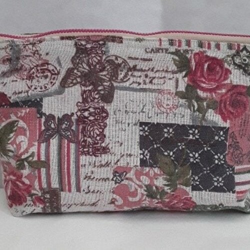 Trousse de toilette lin coton fleurs roses papillons , doublée tirette , 26/14/5 cm