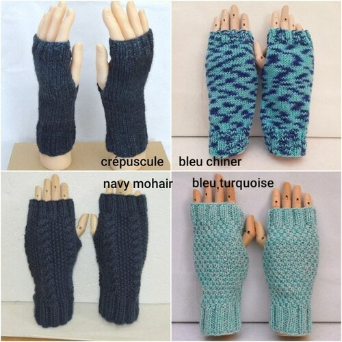 Mitaines gants sans doigts ouverture pouces bleus , mixte , navy , crépuscule , chiner ,   turquoise blanc  laine tricot 20cm