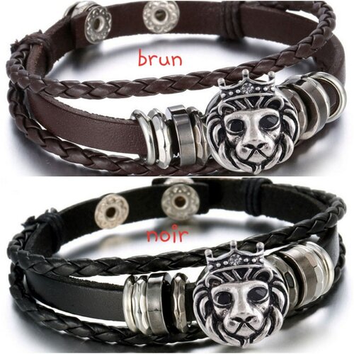 Bracelet cuir brun noir , tête de lion , métal , ajustable