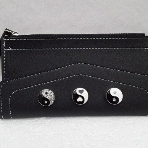 Porte cartes , portefeuilles ,monnaie , cuir noir synthétique , 3 boutons pressions ying yang , noir , blanc, argenté , 19/10cm