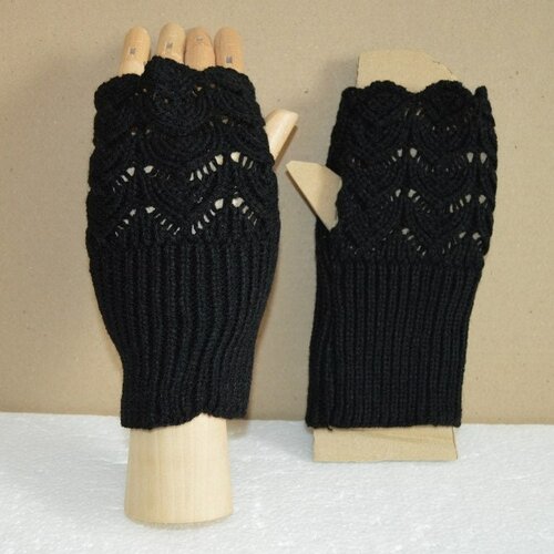 Mitaines , gants sans doigts , ouverture pouces, noirs, ajouré , laine, acrylique , 17 cm