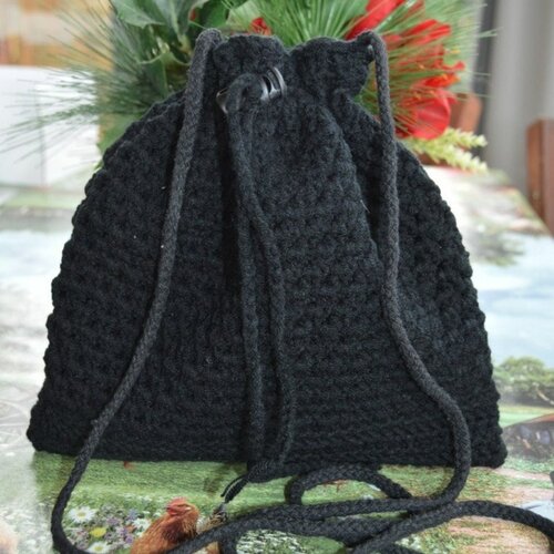Sac crochet noir boho bohême  , bandoulière  ,  crochet , coton  , noir , doubler , tirette , 20 cm , bourse