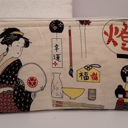 Trousse , pochette, geisha, dame japonaise, japon, 26/15cm, doublée , grande poche intérieure, tirette