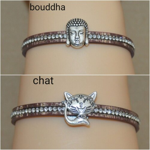 Bracelet simili cuir  , bouddha , chat, cordon  , plat  , rouge ,  indien , strass  , 6.5mm , passant , plat , 15 cm + chaine ajustable