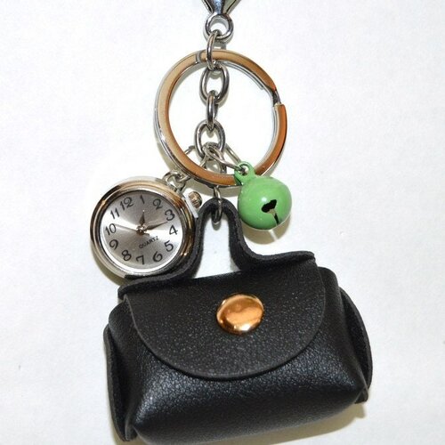 Bijoux de sac, porte monnaie, cadran montre  ,cuir, noir, boutons pressions , 6/4/2 cm le porte monnaie, grelots bruyants