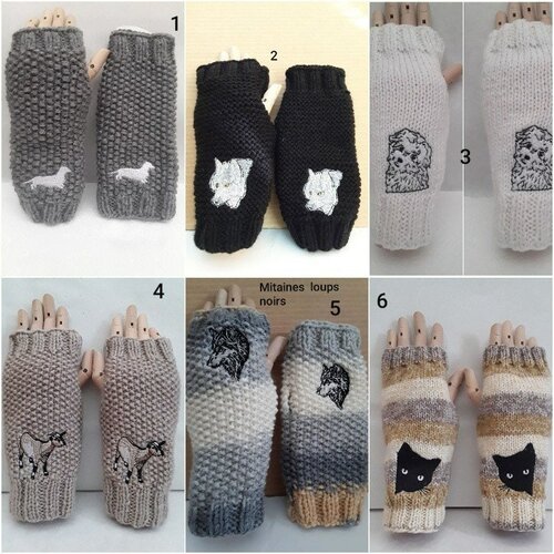Mitaines gants sans doigts laine , loups , teckels , bichons , chats , chèvres , 20 a 21 cm