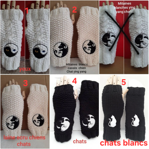 Mitaines  ouverture pouces , manchettes  , chats, chiens, ying , yang ,  tricot , 21cm, 1 paire aux choix envoyer le no lors de la commande