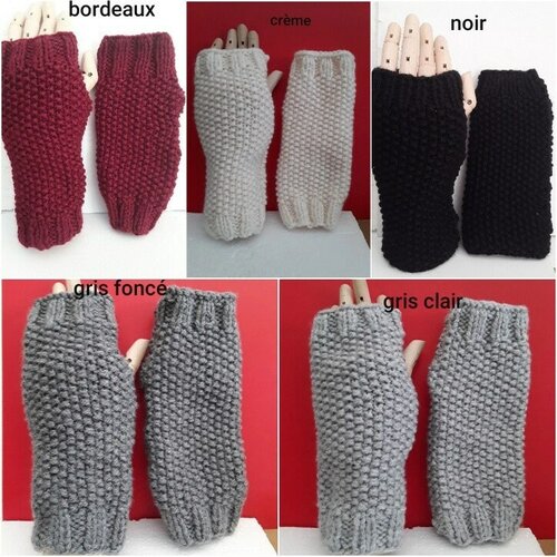 Mitaines laine , tricot  noire , bordeaux  21cm , gants sans doigts , ouverture pouces
