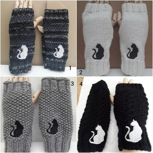 Mitaines gants sans doigts chats assis  , tricot 20cm